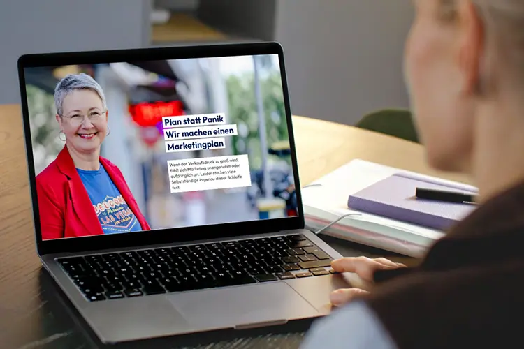 Eine Frau, von hinten aufgenommen, schaut auf einem Laptop auf die Landingpage des Marketingplan Mini-Kurs.